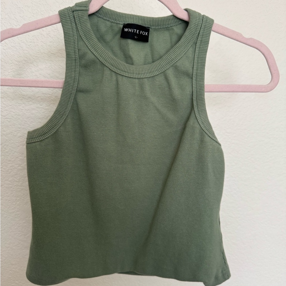 White Fox Green Ribbed Tank Top